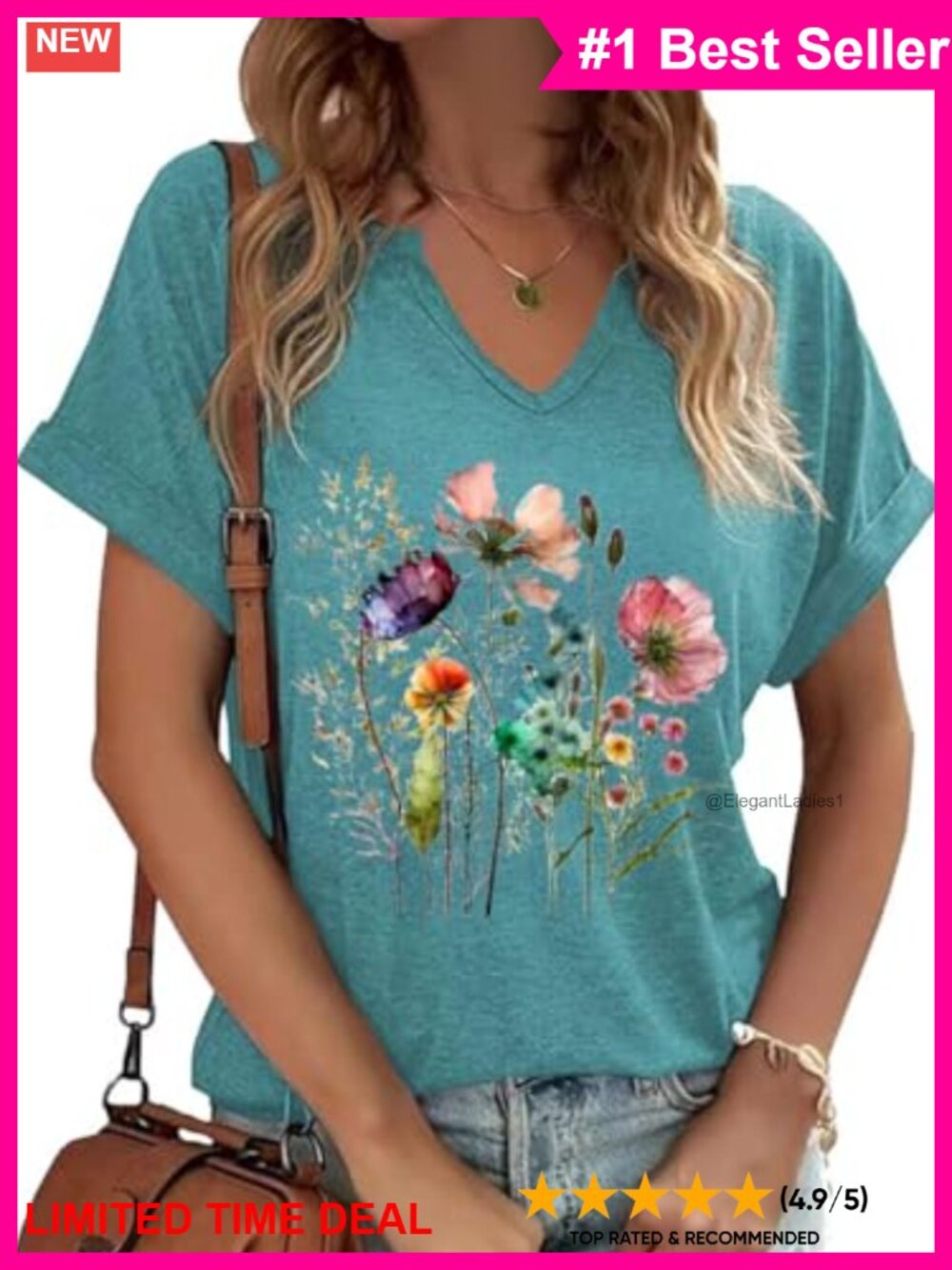 V Neck Boho Floral Wildflowers Graphic Tee Short Sleeve Summer T-Shirt